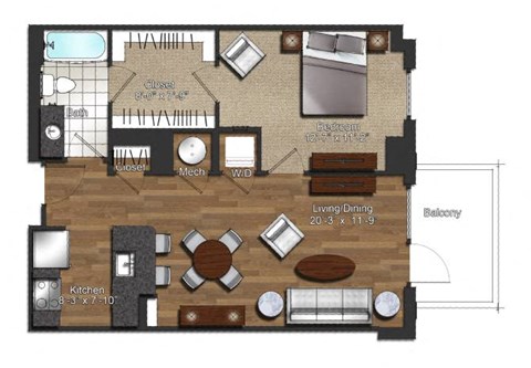Floor plan for 1 bed, 1 bath, 698 sqft